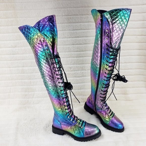 Travis Festive Quilted Metallic Rainbow Corset Lace Over the Knee Boots - Picture 8 of 11